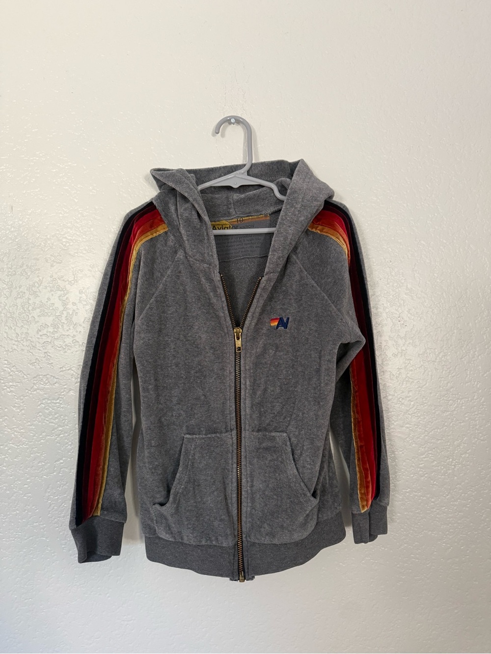 Aviator Nation Kids Gray Zip-Up Hoodie with Red & Yellow Stripe Sleeves
